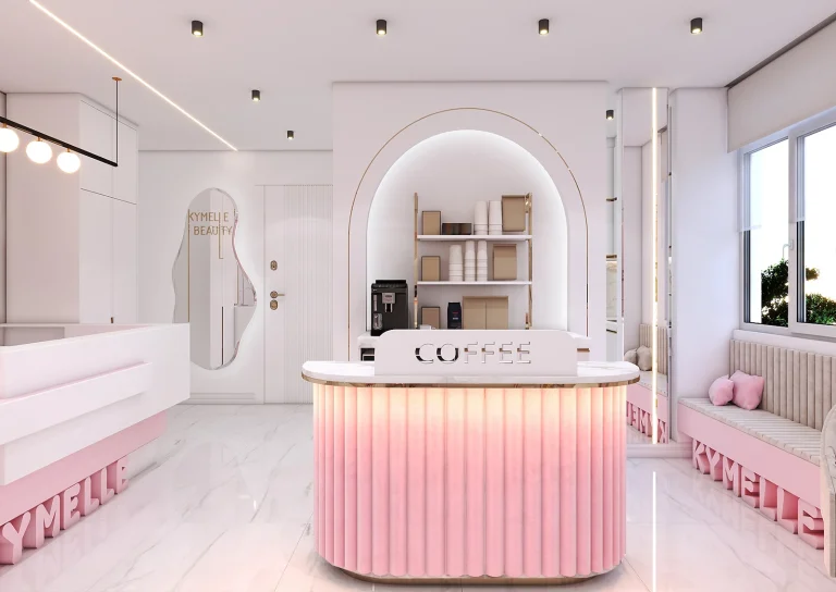 Beauty salon design with materials - MDF - mirror light - touch - golden steel strip -