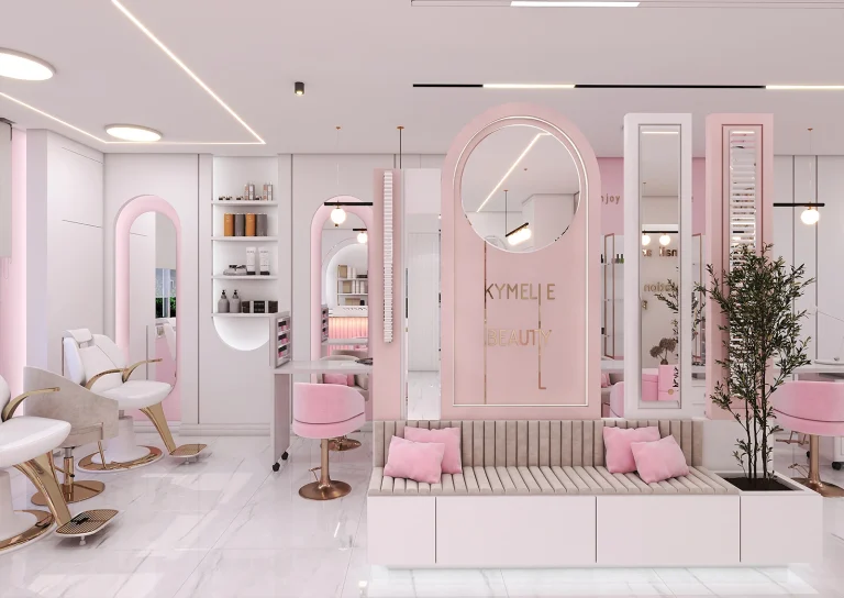 Beauty salon design with materials - MDF - mirror light - touch - golden steel strip -