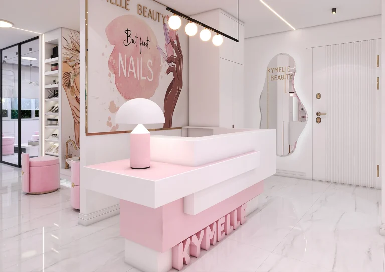 Beauty salon design with materials - MDF - mirror linear light - poster - gold steel strip -