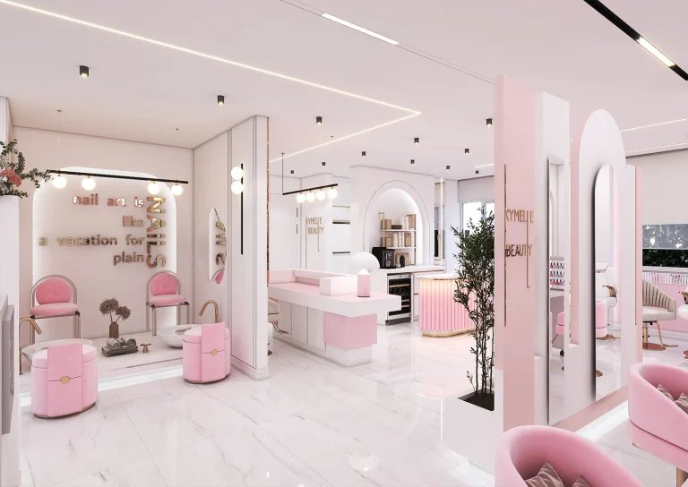 Beauty salon design with materials - MDF - mirror light - poster - gold steel strip - Lamse