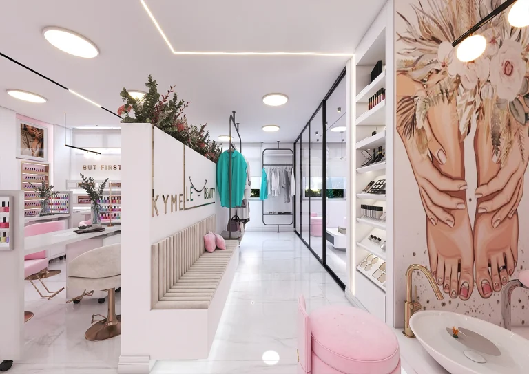 Beauty salon design with materials - MDF - light lines - poster - gold steel strip - Lamse