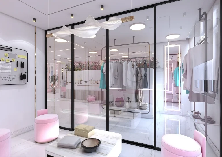 Beauty salon design with materials - light lines - golden steel strip -