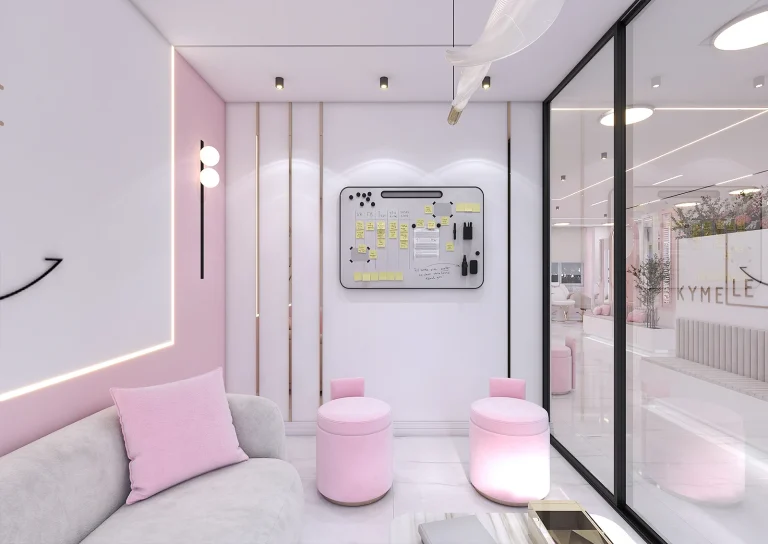 Beauty salon design with materials - linear light - golden steel strip - MDF -