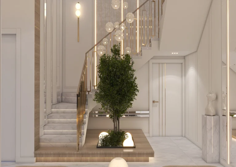 Design of a reception hall with materials - MDF - steel strip - linear lighting - mirror