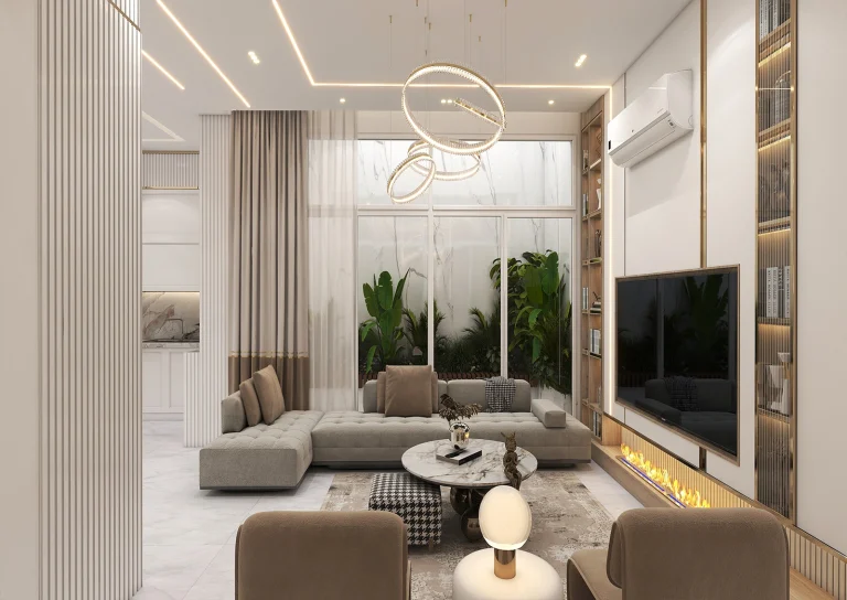 Design of a reception hall with materials - MDF - light steel strip - MDF - grooved -