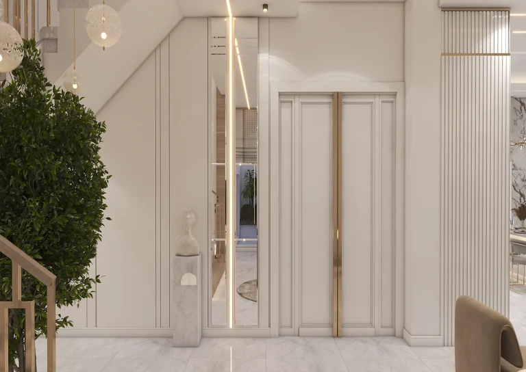 Design of a reception hall with materials - MDF - steel strip - linear lighting - grooved MDF - mirror