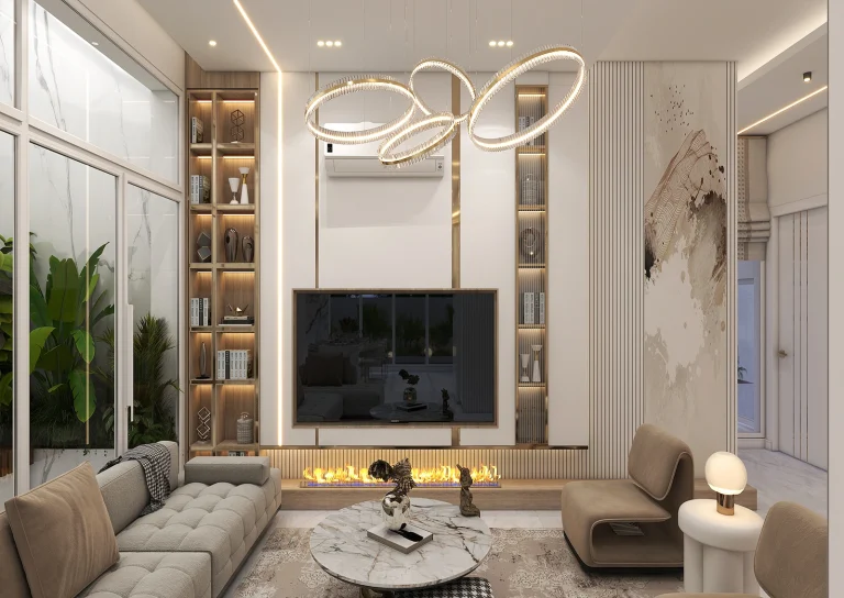 Design of a reception hall with materials - MDF - steel strip - linear lighting - grooved MDF - poster -