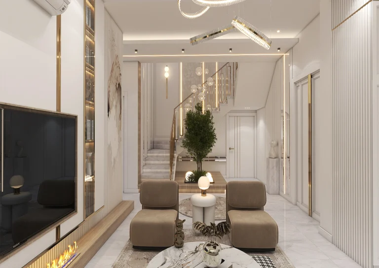 Design of a reception hall with materials - MDF - linear steel strip - grooved MDF - poster.