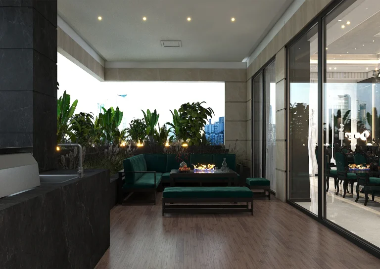 Terrace design with material - black stone - Thermowood