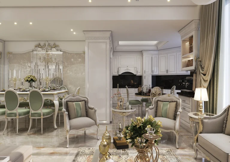 Kitchen hall design with materials - plaster - gold leaf - patina - MDF - mirror