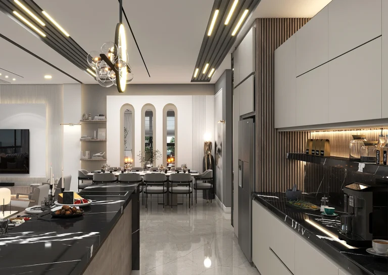 Kitchen hall design - with material - grooved MDF - linear light - MDF - stone -