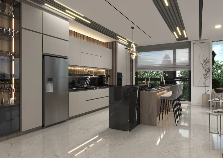 Kitchen hall design - Bmaterial - grooved MDF - linear light - MDF - stone