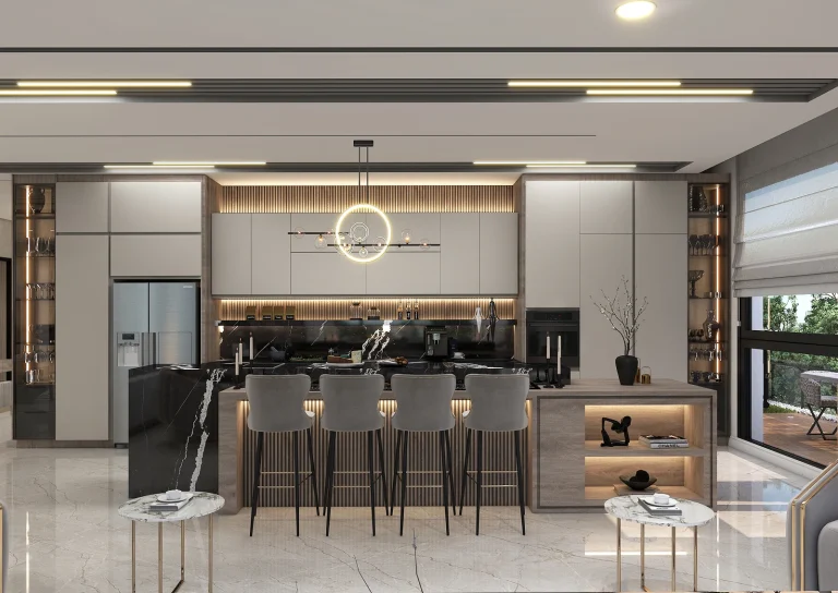 Kitchen hall design with materials - grooved MDF - linear light - MDF - stone