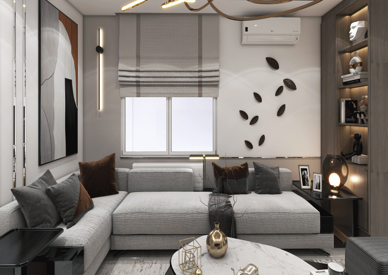 Design of a reception hall with materials - mirror - MDF - paint - linear light - steel bar