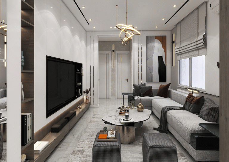 Living room design with materials - mirror - MDF - wallpaper - linear light - steel strip