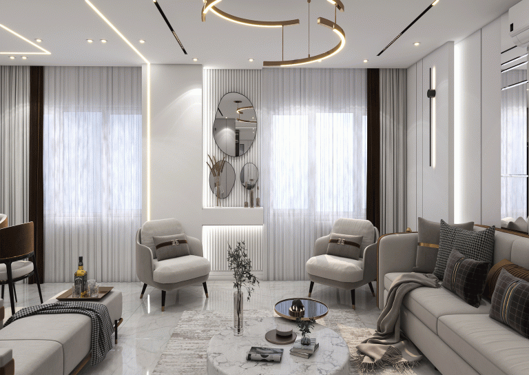 Design of a reception hall with materials - MDF - linear light - mirror - grooved MDF