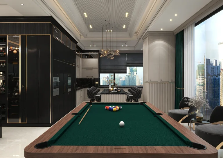 Reception hall design with materials - MDF - linear light - grooved MDF - golden steel strip (2)