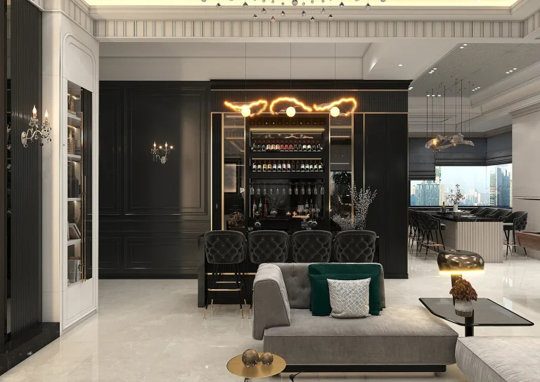 Design of a reception hall with materials - MDF - linear light - grooved MDF - golden steel strip