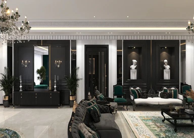 Design of a reception hall with materials - MDF - linear light - grooved MDF - golden steel strip - mirror