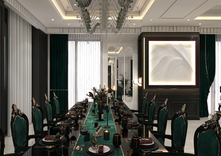 Design of a reception hall with materials - MDF - linear light - grooved MDF - golden steel strip - plastering - mirror