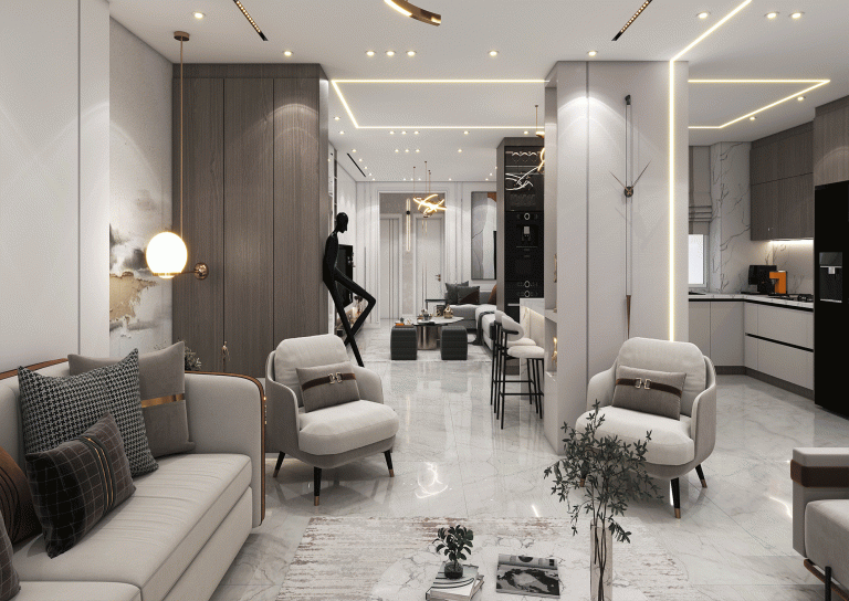 Designing a reception hall with materials - posters - MDF - linear lighting - wallpaper