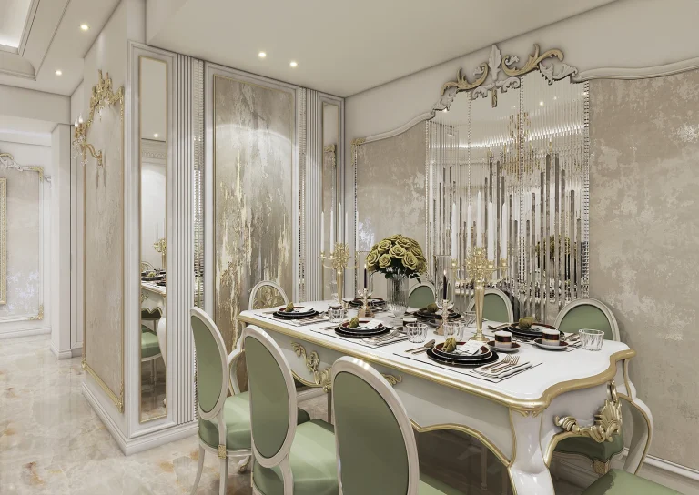 Reception hall design with materials - plastering - gold leaf - patina - painting - gold steel strip - mirror