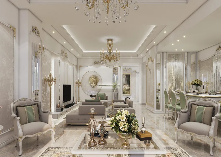 Reception hall design with materials - plastering - gold leaf - patina - painting - gold steel strip - mirror.