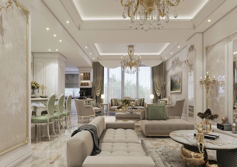 Reception hall design with materials - plastering - gold leaf - patina - gold steel strip - mirror