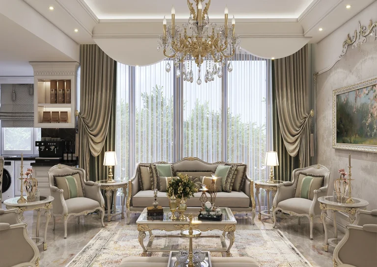 Reception hall design with materials - plastering - gold leaf - patina - linear lighting -