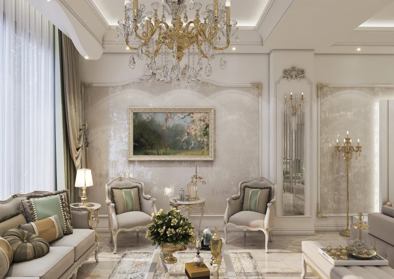 Design of a reception hall with materials - plastering - gold leaf - patina - linear lighting - mirrors -