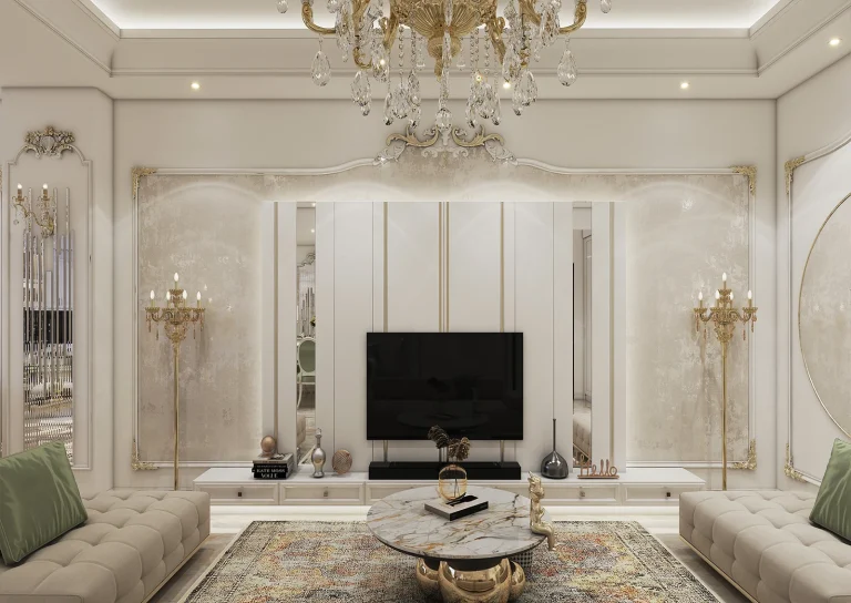 Reception hall design with materials - plastering - gold leaf - patina - linear lighting - MDF - golden steel strip - mirror