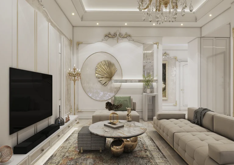 Reception hall design with materials - plastering - gold leaf - patina - linear lighting - golden steel strip - mirror