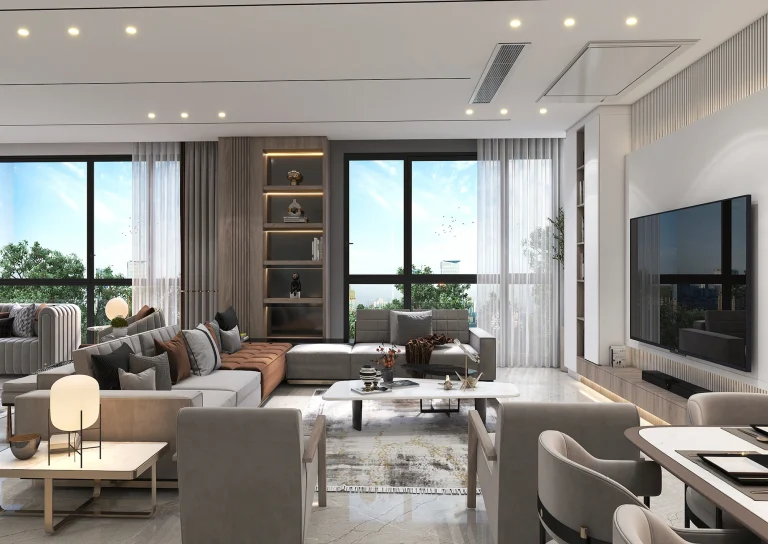 Design of a reception hall with materials - grooved MDF - linear light - MDF -