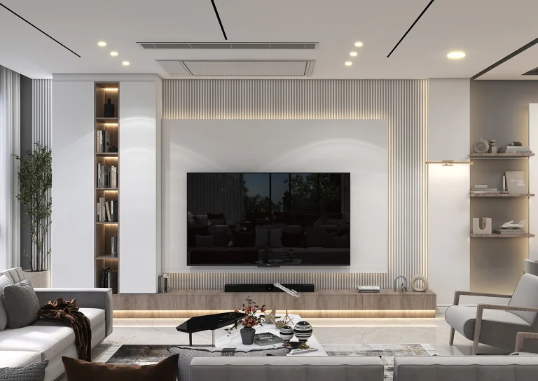 Design of a reception hall with grooved MDF material - linear light - MDF