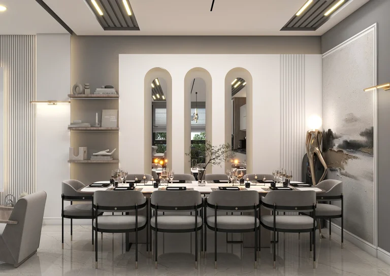 Design of a reception hall with materials - grooved MDF - linear light - MDF - poster