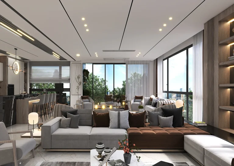 Design of a reception hall with materials - grooved MDF - linear light - MDF - poster - paint