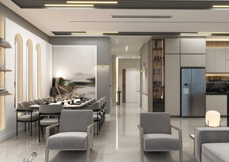 Design of a reception hall with materials - grooved MDF - linear light - MDF - poster - wallpaper