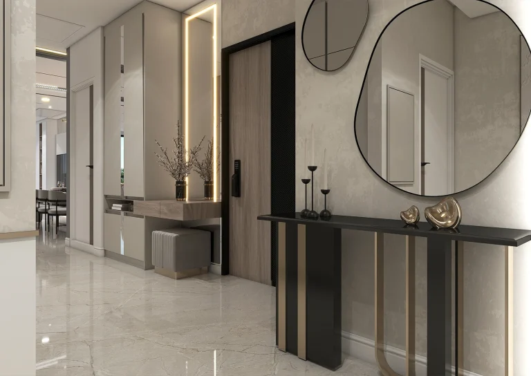 Reception hall design - with MDF material - linear mirror light -