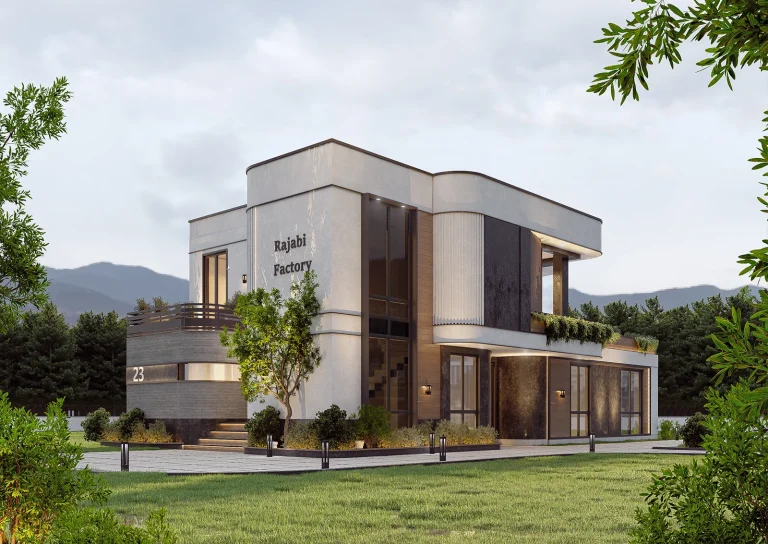 Facade design with exposed concrete, wood or composite panels with wood design, wall lighting, vegetation, large and full-length glass.