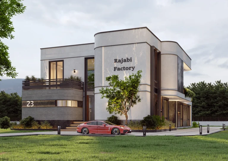 Facade design with exposed concrete, wood or composite panels with wood design, wall lighting, vegetation, large and full-length glass.