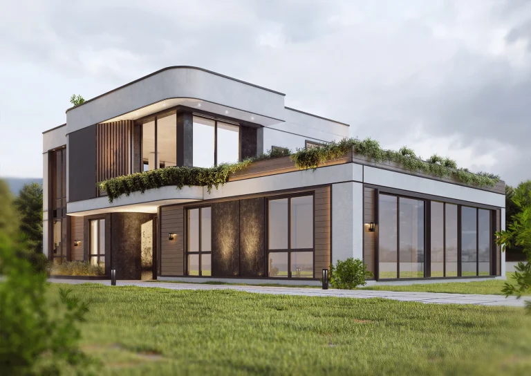 Facade design with exposed concrete, wood or composite panels with wood design, wall lighting, vegetation, large and full-length glass.