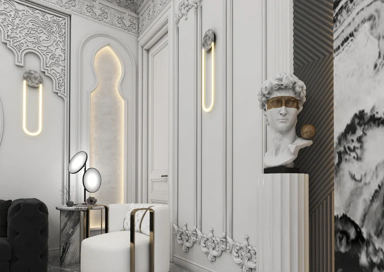 Stone, grooved MDF, recessed lighting, posters, mirrors, classic plasterwork in matte white