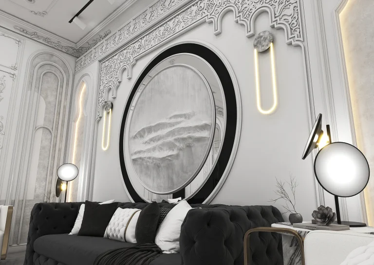 Stone, grooved MDF, recessed lighting, posters, mirrors, classic plasterwork in matte white
