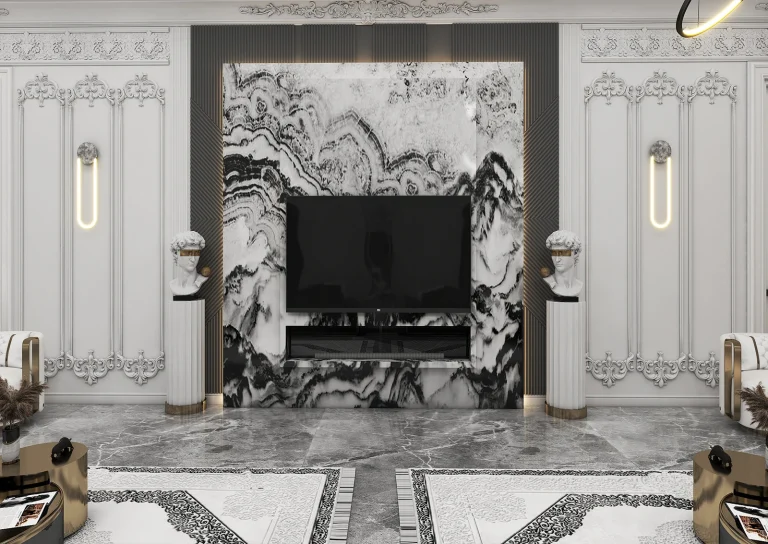 Stone, grooved MDF, recessed lighting, posters, mirrors, classic plasterwork in matte white