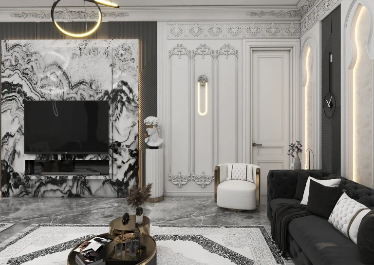 Stone, grooved MDF, recessed lighting, posters, mirrors, classic plasterwork in matte white