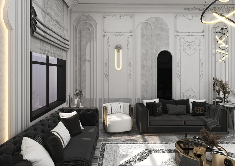 Stone, grooved MDF, recessed lighting, posters, mirrors, classic plasterwork in matte white