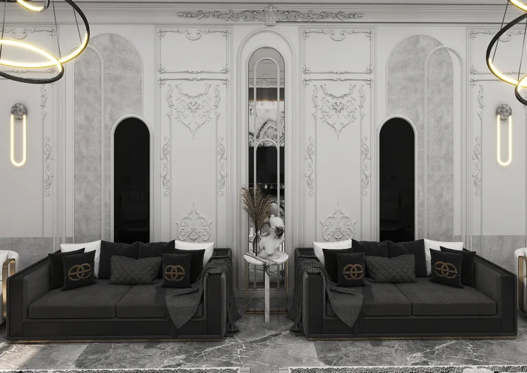 Stone, grooved MDF, recessed lighting, posters, mirrors, classic plasterwork in matte white