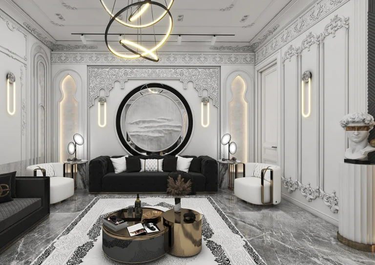 Stone, grooved MDF, recessed lighting, posters, mirrors, classic plasterwork in matte white