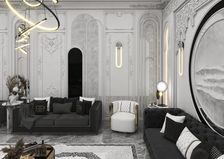 Stone, grooved MDF, recessed lighting, posters, mirrors, classic plasterwork in matte white