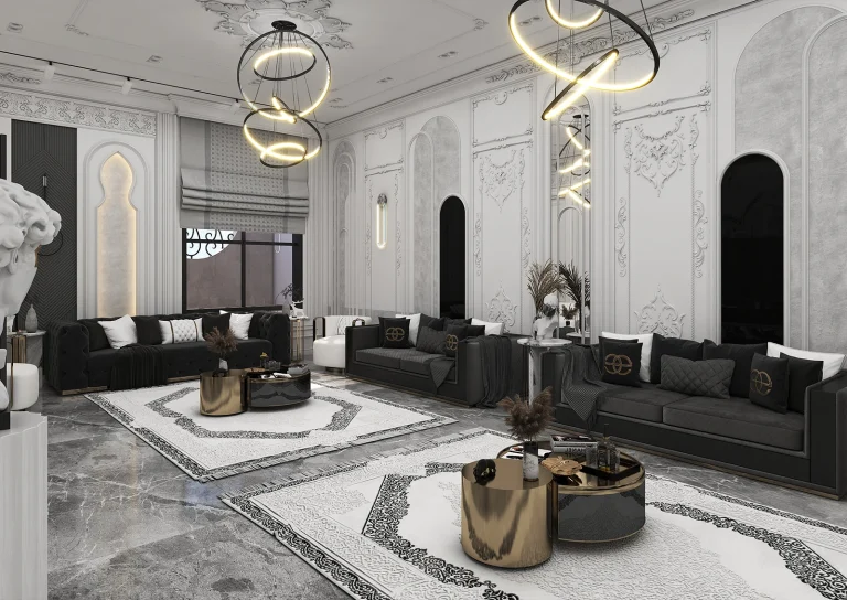 Stone, grooved MDF, recessed lighting, posters, mirrors, classic plasterwork in matte white